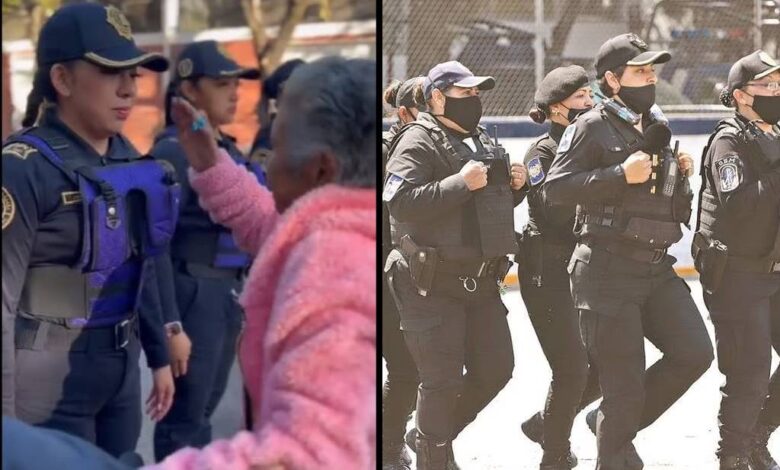 Adulta mayor persigna a mujeres policías desplegadas por marcha