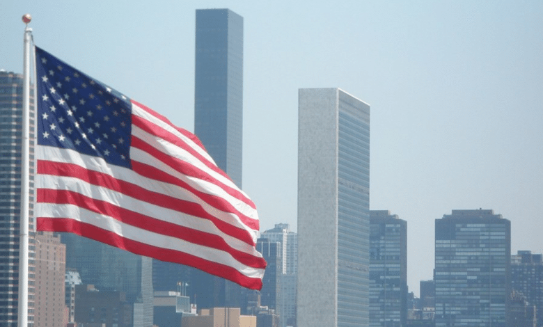 Imagen que muestra la bandera de EUA con edificios de New York de fondo