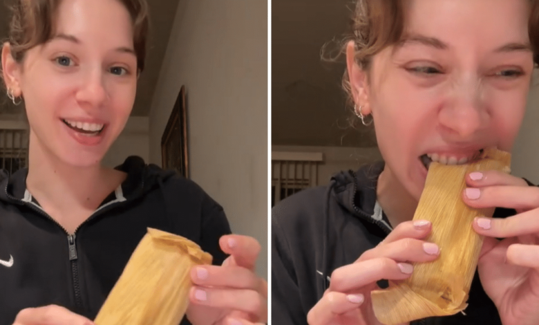 ¡Increíble! Joven estadounidense prueba tamal por primera vez y lo come con todo y hoja