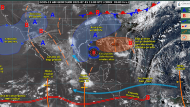 Este día, el monzón mexicano en el noroeste de la República Mexicana, originará lluvias puntuales muy fuertes con descargas eléctricas en Sonora y Chihuahua; fuertes en Durango y Sinaloa, además de chubascos en Nayarit y lluvias aisladas en Baja California Sur.