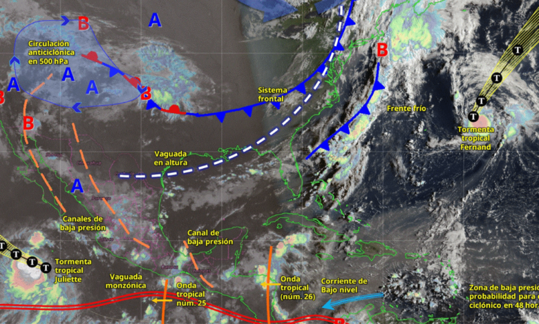 Para hoy, el monzón mexicano e inestabilidad atmosférica, propiciarán lluvias puntuales intensas en el norte y centro de Nayarit; centro y sur de Sinaloa y oeste de Durango; puntuales muy fuertes en Sonora y Chihuahua; y puntuales fuertes en Baja California Sur y Baja California.