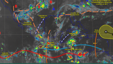 Este día, el monzón mexicano, en combinación con inestabilidad atmosférica, originarán lluvias puntuales intensas en el sur de Sinaloa y Nayarit; lluvias fuertes a muy fuertes en el noroeste del país.