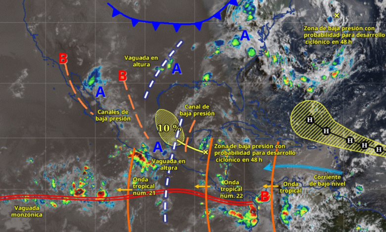Para hoy, el monzón mexicano en interacción con inestabilidad atmosférica, mantendrá la probabilidad de lluvias puntuales muy fuertes en Nayarit, Sinaloa, Durango y Chihuahua; puntuales fuertes en Sonora; intervalos de chubascos en Baja California Sur y lluvias aisladas en zonas de Baja California.