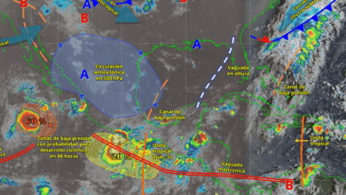 Este día, una zona de baja presión con probabilidad para desarrollo ciclónico frente a las costas de Oaxaca, interaccionará con la onda tropical núm. 33 que se desplazará sobre el sur y gradualmente sobre el centro del país, con una vaguada en altura sobre el sureste del golfo de México