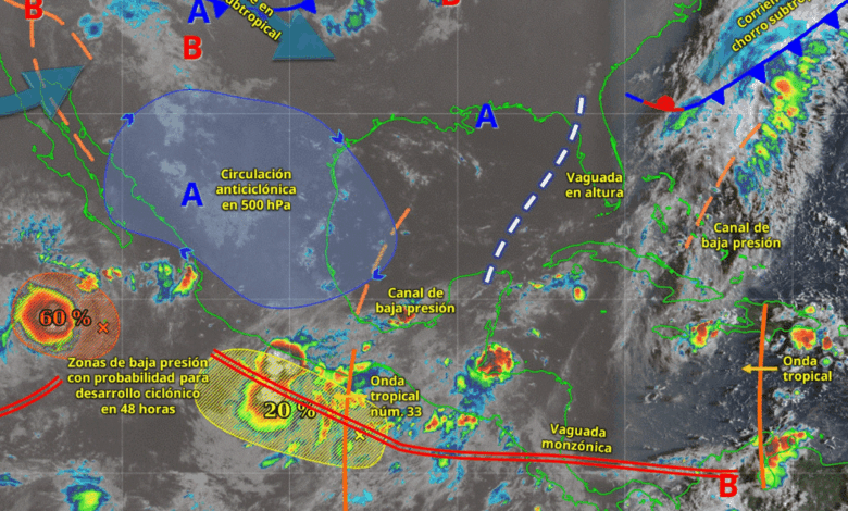 Este día, una zona de baja presión con probabilidad para desarrollo ciclónico frente a las costas de Oaxaca, interaccionará con la onda tropical núm. 33 que se desplazará sobre el sur y gradualmente sobre el centro del país, con una vaguada en altura sobre el sureste del golfo de México