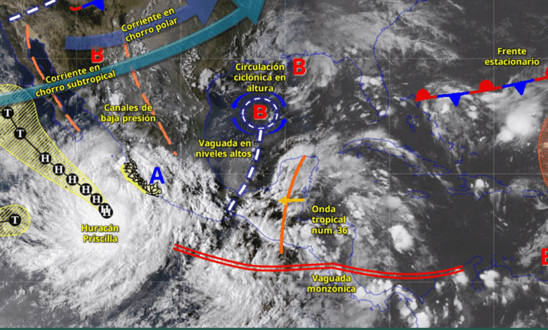 Para hoy, el huracán Priscila se localizará al suroeste de Jalisco y al sur de la península de Baja California, sus desprendimientos nubosos ocasionarán lluvias puntuales intensas en Jalisco (sur), Colima, Michoacán (este y costa) y Guerrero (suroeste y costa); puntuales muy fuertes en Nayarit y Sinaloa (sur); así como lluvias puntuales fuertes en el sur de Baja California Sur.