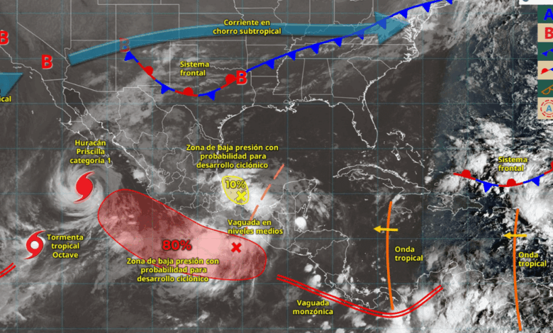 Para hoy el huracán Priscilla se desplazará frente a la costa oeste de Baja California Sur. Su circulación y bandas nubosas ocasionarán lluvias puntuales muy fuertes en Baja California Sur, e intervalos de chubascos en Sinaloa y Nayarit, además de fuertes rachas de viento y oleaje elevado en las costas de Baja California Sur, Sinaloa y Nayarit.
