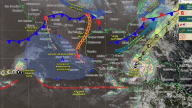 Para hoy, el frente frío núm. 11 que recorrerá el noroeste y norte de la República Mexicana, interaccionará con la corriente en chorro subtropical y con una línea seca, originarán chubascos en Nuevo León y Tamaulipas, y vientos con rachas muy fuertes de 65 a 80 km/h en los estados fronterizos del noreste de México.