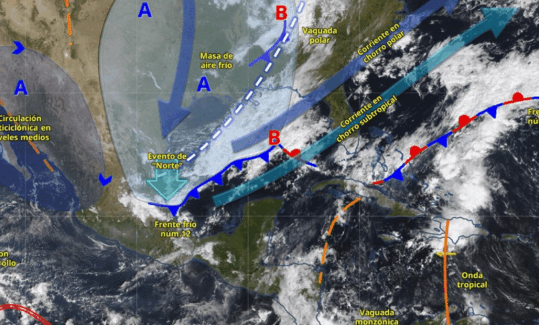 El frente frío 12 provocará lluvias fuertes en el sureste y Norte en el Golfo de México