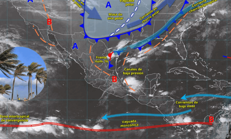 Frente Frío 16 y Masa Polar Impactan México Alerta por Lluvias Intensas y Evento de Norte