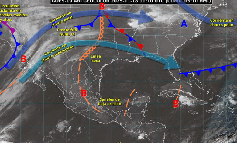 Este día, el frente frío núm. 15 se desplazará sobre el noroeste del territorio nacional, y en interacción con una vaguada polar, una circulación ciclónica en niveles medios y altos de la atmósfera.