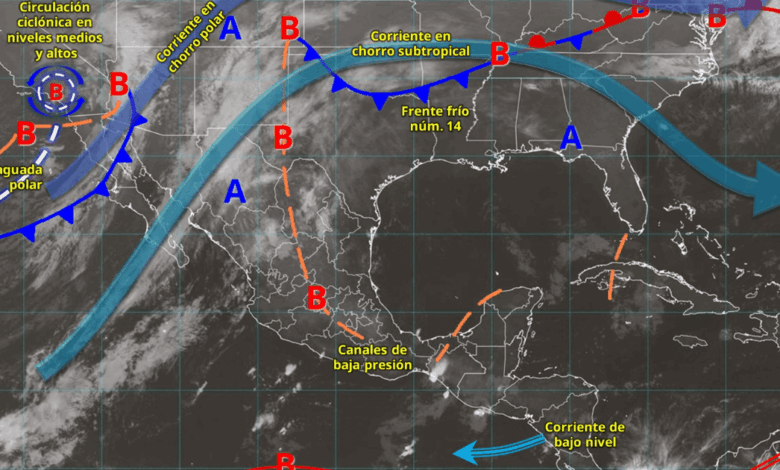 Para hoy, el frente frío núm. 15 asociado con una vaguada polar y con una circulación ciclónica en niveles medios y altos de la atmósfera