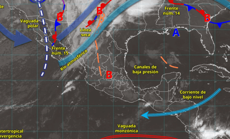 Este día, el frente núm. 15 se desplazará sobre el norte y noreste del país, en interacción con una vaguada polar, la corriente en chorro polar y un río atmosférico, mantendrán ambiente frío a muy frío; vientos muy fuertes a intensos, con rachas de 80 a 90 km/h