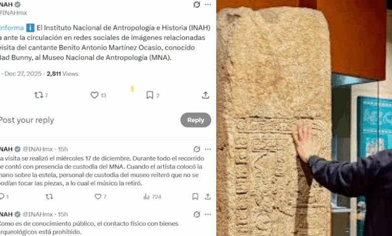 El INAH recordó que está prohibido tocar piezas arqueológicas tras la difusión de una imagen de Bad Bunny junto a una estela en el Museo Nacional de Antropología.