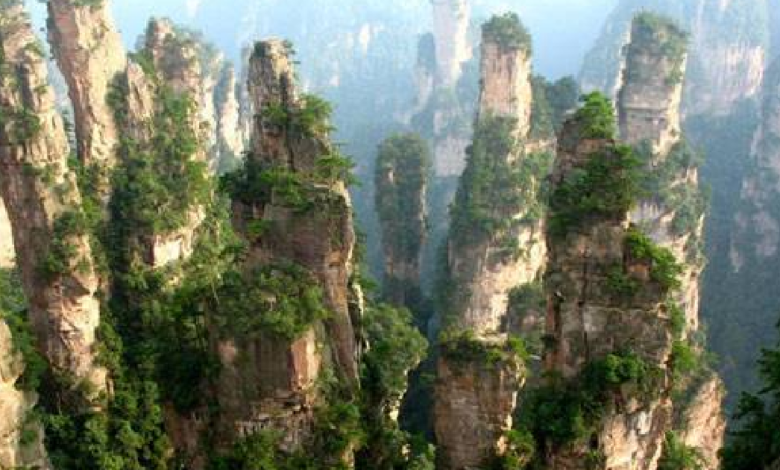Ubicadas en la provincia de Hunan, las Montañas de Zhangjiajie destacan por sus imponentes formaciones rocosas que se elevan de manera casi vertical entre bosques y neblina.