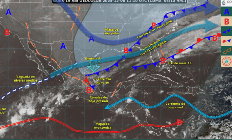 Este día, el frente frío núm. 19 se desplazará sobre el litoral del golfo de México y ocasionará lluvias puntuales intensas en zonas de Puebla (regiones Sierra Norte y Sierra Nororiental), Veracruz (regiones Huasteca Baja, Totonaca, Nautla y Olmeca), Oaxaca (norte y este), Chiapas (norte y este) y Tabasco (oeste, sur y este); lluvias fuertes a muy fuertes en el oriente y sureste del país, incluida en la península de Yucatán; y chubascos en el noreste y centro del territorio nacional.