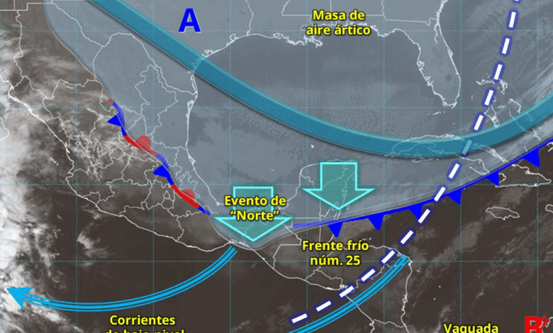 Para hoy, el frente frío núm. 25 dejará de afectar a México, sin embargo, la masa de aire ártico asociada al frente cubrirá el noreste, oriente y sureste de México