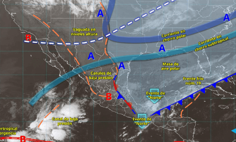 Hoy, el frente núm. 19 se extenderá con características de estacionario sobre la península de Yucatán y el sureste mexicano, ocasionará lluvias puntuales intensas en zonas de Chiapas (norte y este) y Tabasco (sur y sureste); muy fuertes en Veracruz (región Olmeca) y Oaxaca (este), y fuertes en Campeche, Yucatán y Quintana Roo.