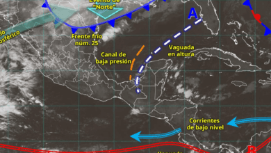 Para hoy, el frente frío núm. 25 se desplazará sobre el litoral del golfo de México, en interacción con un río atmosférico y una vaguada en altura sobre la península de Yucatán, originarán lluvias puntuales intensas