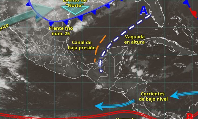 Para hoy, el frente frío núm. 25 se desplazará sobre el litoral del golfo de México, en interacción con un río atmosférico y una vaguada en altura sobre la península de Yucatán, originarán lluvias puntuales intensas