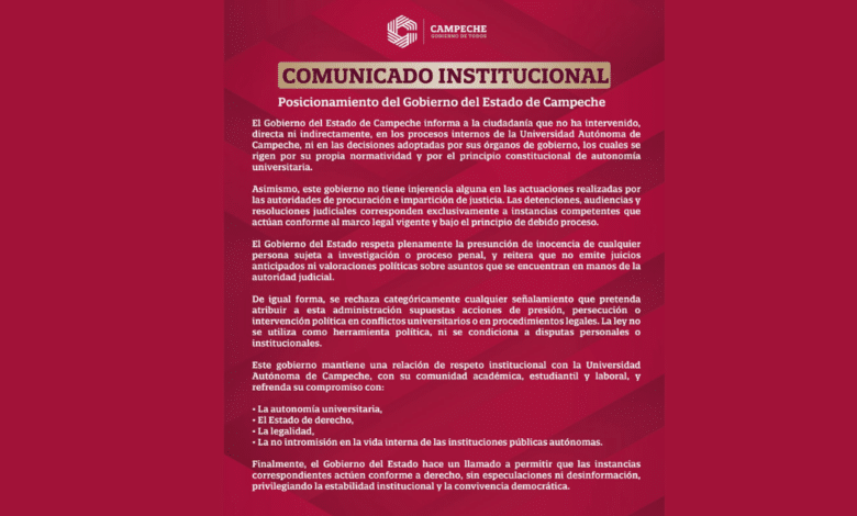 Gobierno de Campeche reafirma respeto a la autonomía universitaria