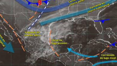 Este día, una vaguada en niveles altos de la atmósfera cruzará el noreste y centro del país, en interacción con la corriente en chorro subtropical e inestabilidad atmosférica, originarán lluvias y chubascos con descargas eléctricas en estados del norte, noreste, occidente y sur del territorio mexicano