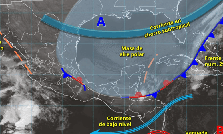 Este día, el frente frío núm. 29 se desplazará sobre el mar Caribe, sin afectar a la República Mexicana, sin embargo, su masa de aire polar cubrirá el golfo de México.