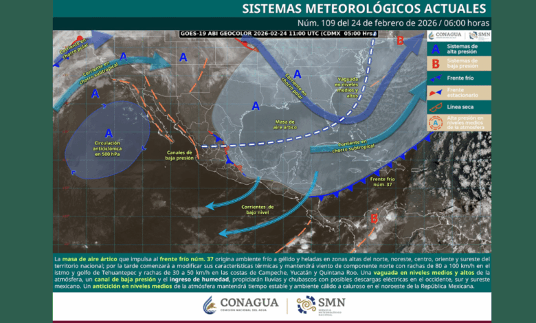 Clima hoy 24 de febrero de 2026 viento de “Norte” intenso en el Istmo y lluvias en el sur y sureste de México