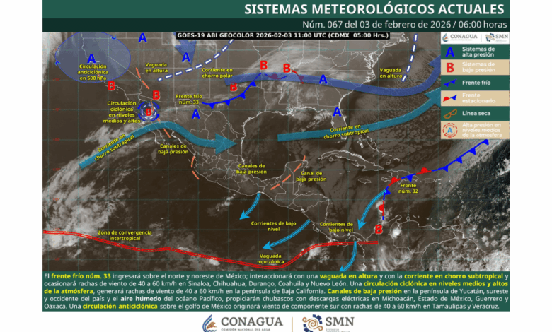 Clima hoy en México 3 de febrero de 2026 frente frío 33 provoca vientos intensos y lluvias aisladas