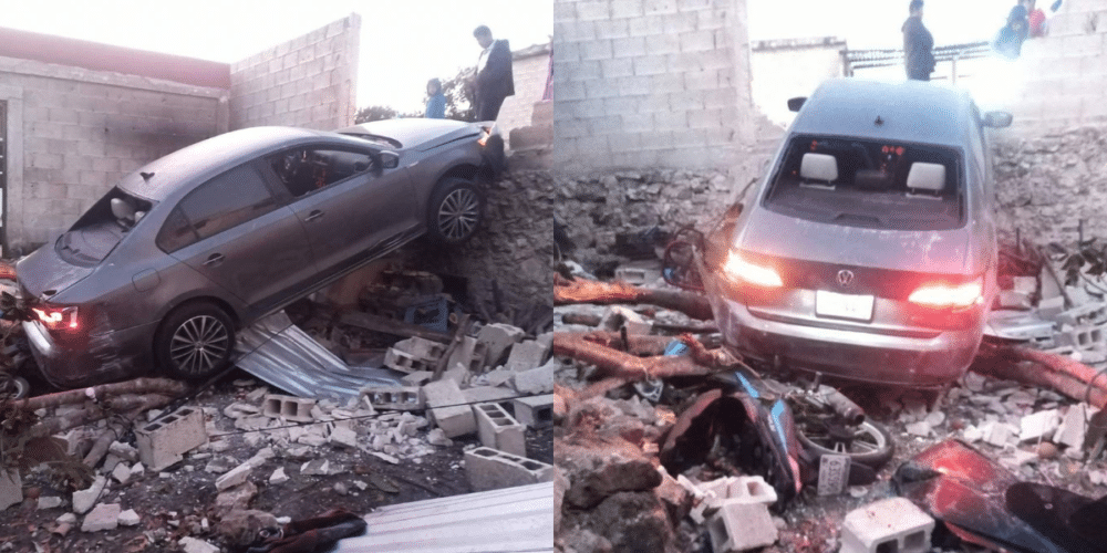 Conductor presuntamente alcoholizado derriba barda y cae en un domicilio en Champotón