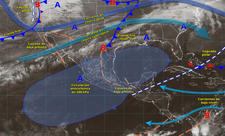 Frente frío 35 provoca lluvias y fuertes vientos en Baja California; persiste ambiente caluroso en gran parte de México