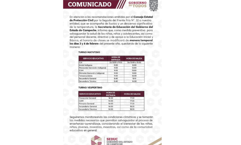 Modifican horario de entrada a clases por frío en Campeche días 3 y 4 de febrero