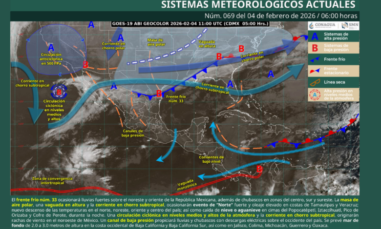 Pronóstico meteorológico para hoy 4 de febrero de 2026 en todo México