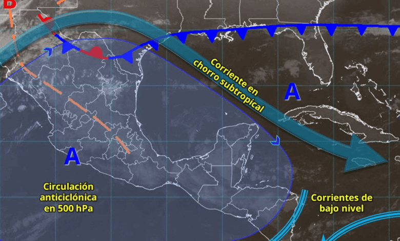 Este día, el frente núm. 34 y una vaguada polar se desplazarán lentamente sobre el noroeste del territorio nacional, en interacción con las corrientes en chorro polar y subtropical, originarán descenso de temperatura, rachas de viento, lluvias y chubascos en dicha región.