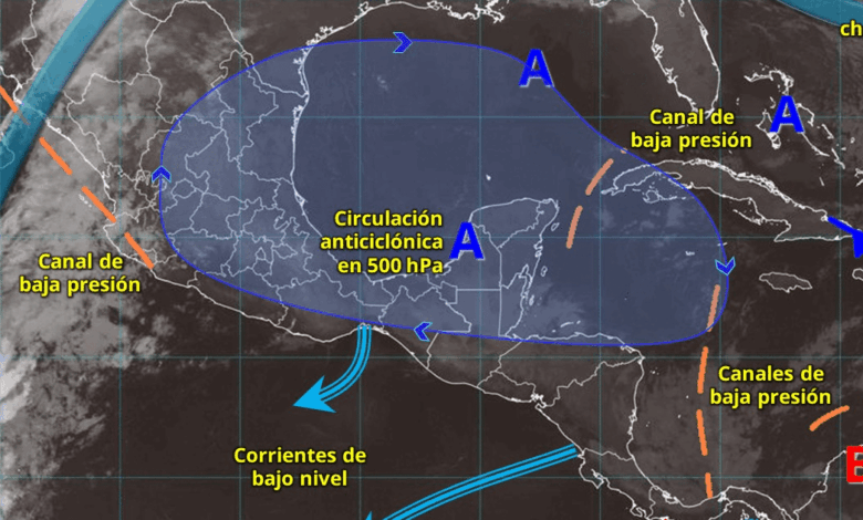 Para hoy, una circulación ciclónica en niveles medios y altos de la atmósfera y una vaguada en altura, se desplazarán lentamente sobre el noroeste y norte del territorio nacional.
