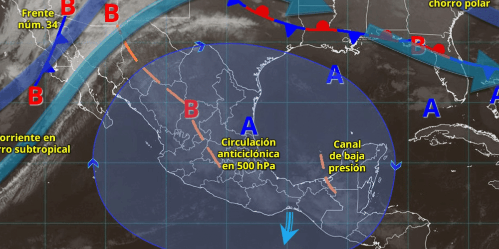 Para hoy, el frente frío núm. 34 se desplazará sobre el noroeste y norte de la República Mexicana, interaccionará con la vaguada polar y con las corrientes en chorro polar y subtropical, ocasionarán vientos fuertes a muy fuertes, lluvias y chubascos en dichas regiones.