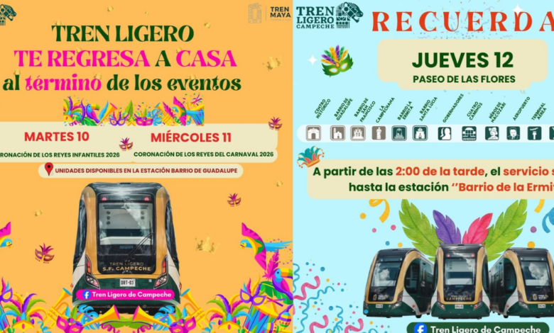 Tren Ligero garantiza transporte nocturno durante el Carnaval de Campeche