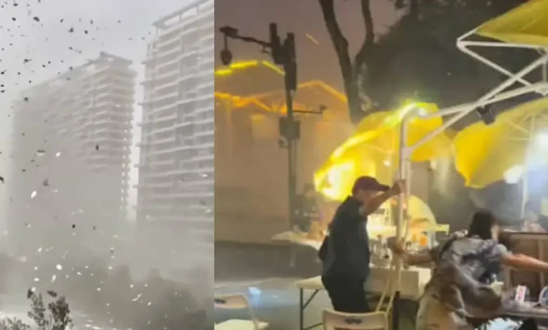 impactante tornado azota china; captan momento en que un poste cae frente a un restaurante
