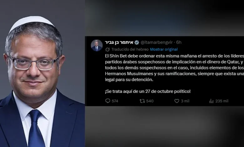 Ben Gvir exige arrestar a líderes árabes en Israel por supuesto dinero de Catar